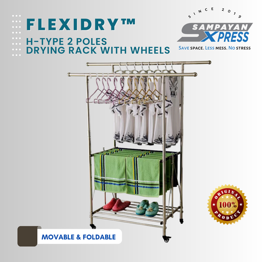 A stainless steel movable drying rack with wheels, featuring an H-type design with two poles and multiple hanging garments.