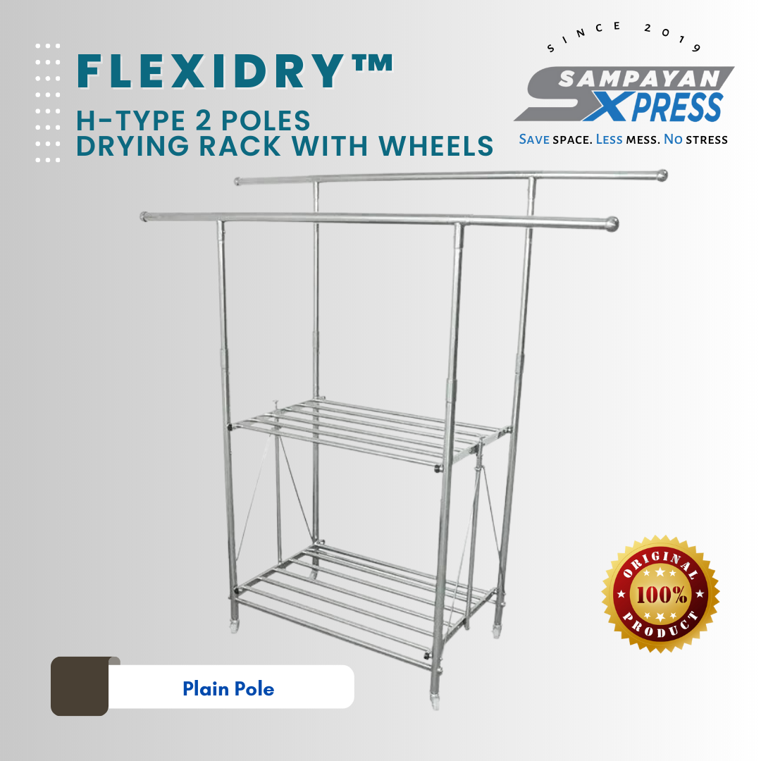 Sampayan Xpress® FlexiDry™ H-Type 2 Poles Stainless Steel Movable Drying Rack with Wheels
