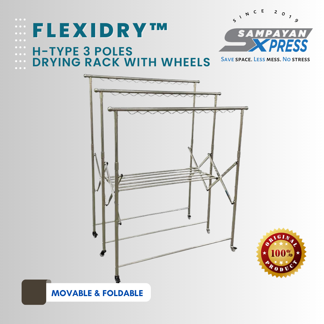 Sampayan Xpress® FlexiDry™ H-Type 3 Poles Stainless Steel Movable Drying Rack with Wheels