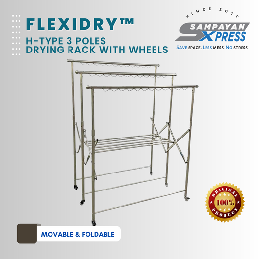 Sampayan Xpress® FlexiDry™ H-Type 3 Poles Stainless Steel Movable Drying Rack with Wheels