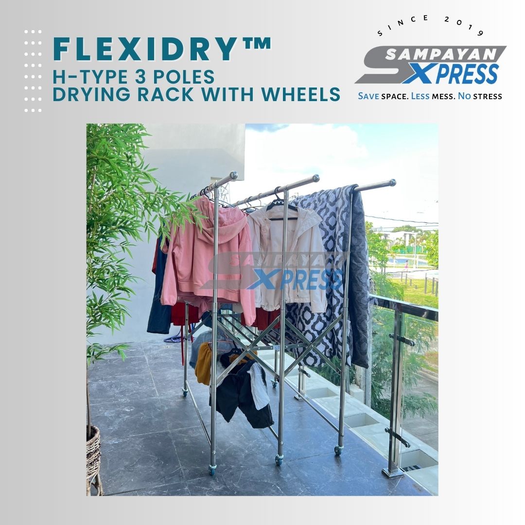 FlexiDry™ H-Type 3 Poles Stainless Steel Movable Drying Rack with Wheels