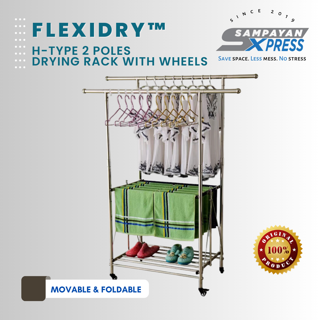 FlexiDry™ H-Type 2 Poles Stainless Steel Movable Drying Rack with Wheels