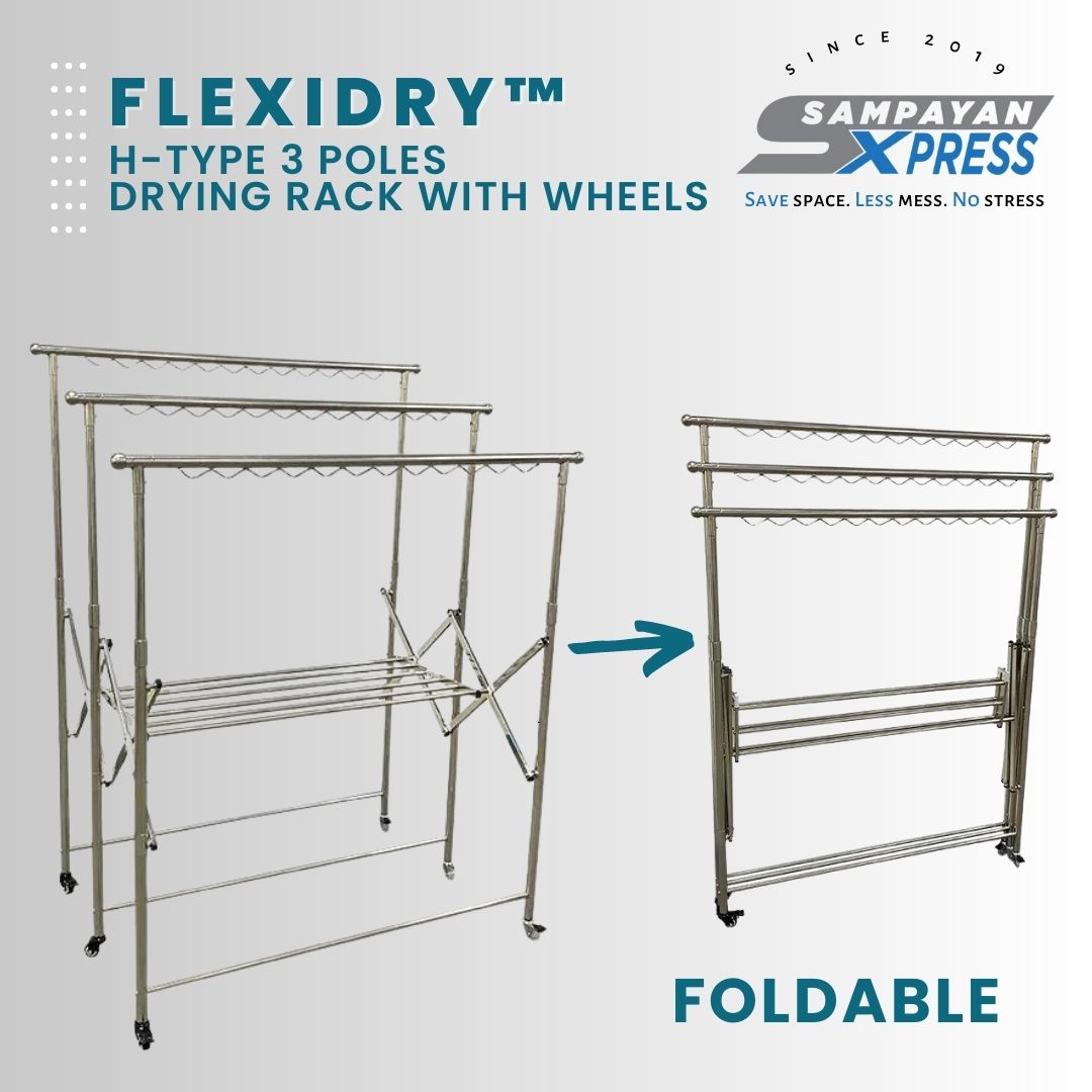 FlexiDry™ H-Type 3 Poles Stainless Steel Movable Drying Rack with Wheels