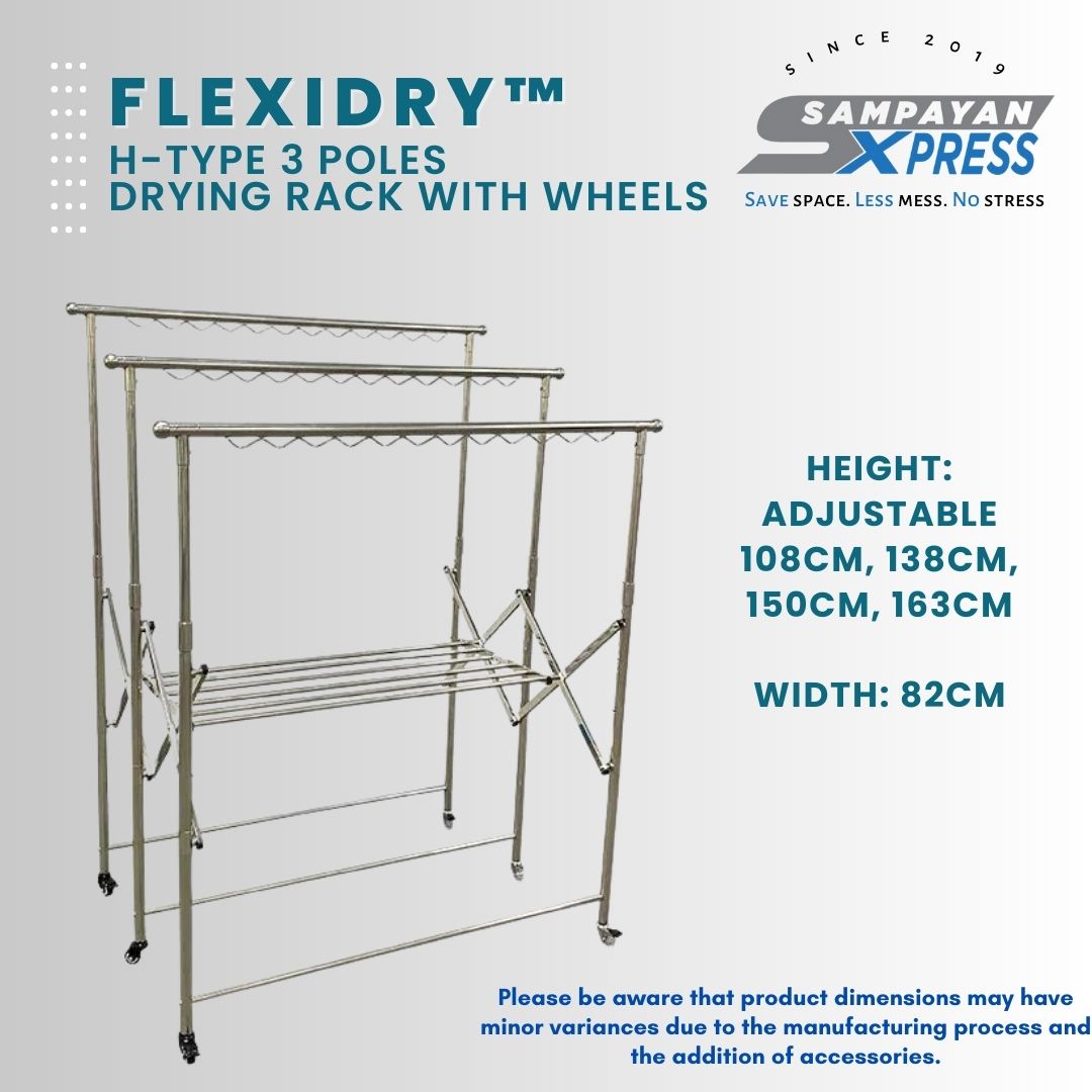 FlexiDry™ H-Type 3 Poles Stainless Steel Movable Drying Rack with Wheels