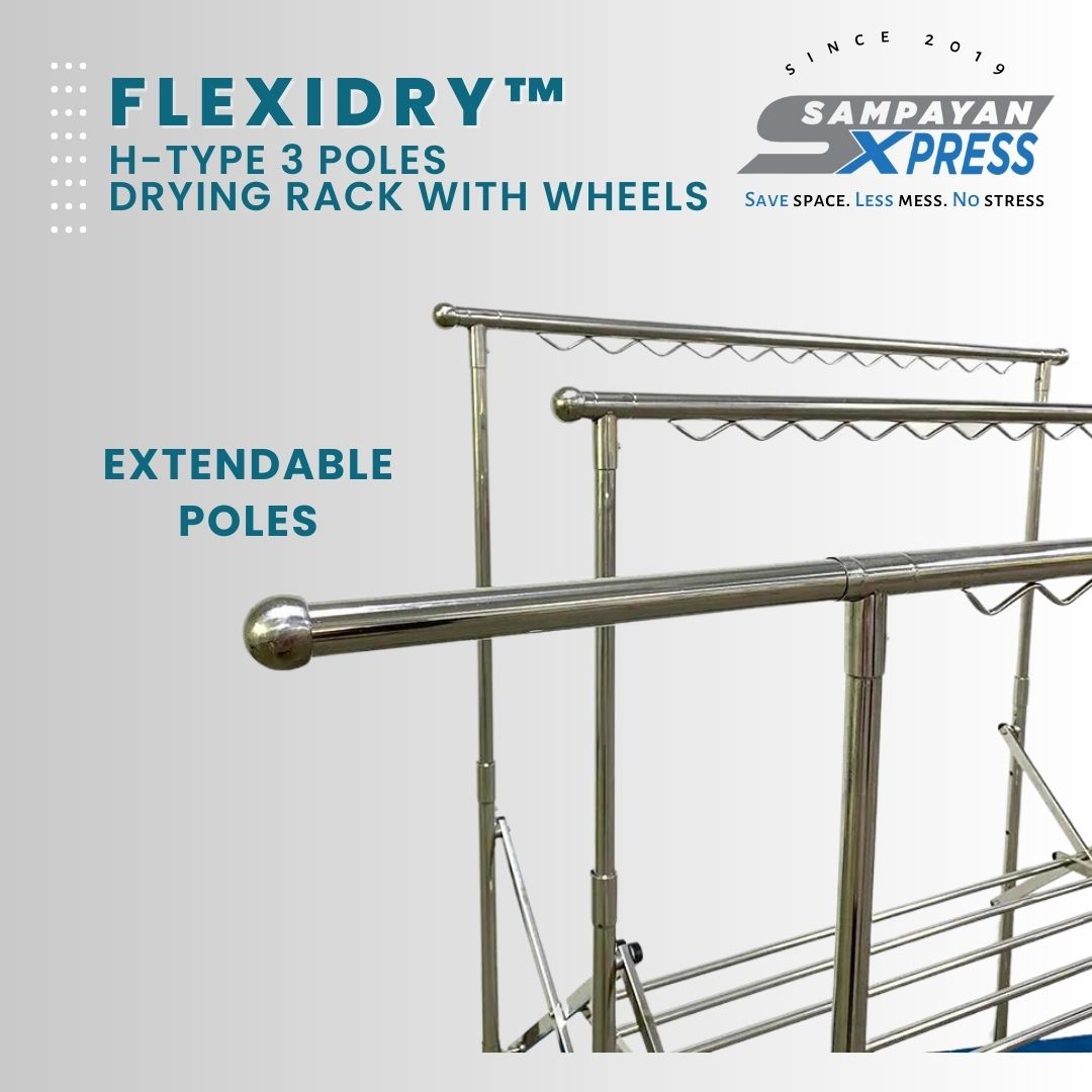 FlexiDry™ H-Type 3 Poles Stainless Steel Movable Drying Rack with Wheels