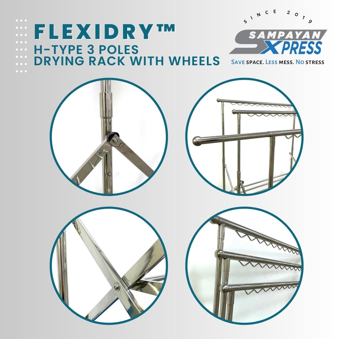 FlexiDry™ H-Type 3 Poles Stainless Steel Movable Drying Rack with Wheels