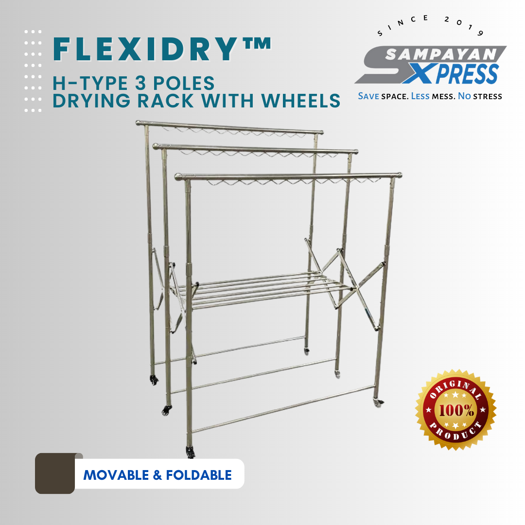 FlexiDry™ H-Type 3 Poles Stainless Steel Movable Drying Rack with Wheels