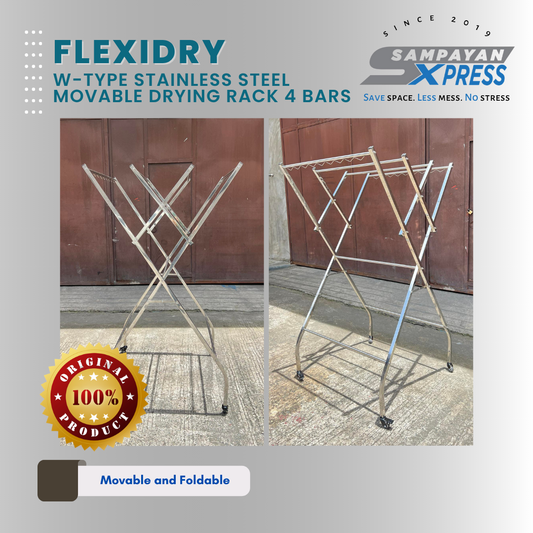 Sampayan Xpress® FlexiDry W-Type Stainless Steel Movable Drying Rack with Wheels 4 Bars