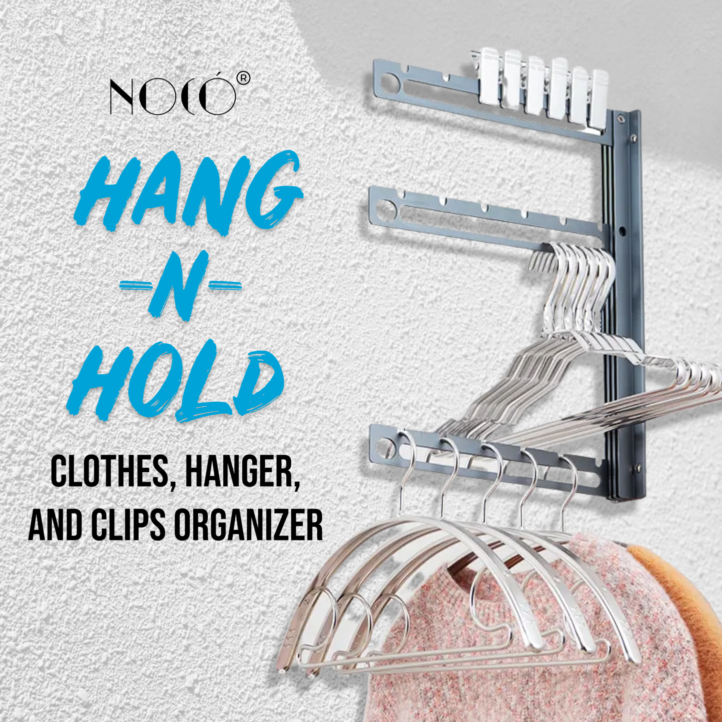 Hang-n-Hold™ Aluminum Folding Wall Mounted Clothes, Hanger, and Clips Organizer